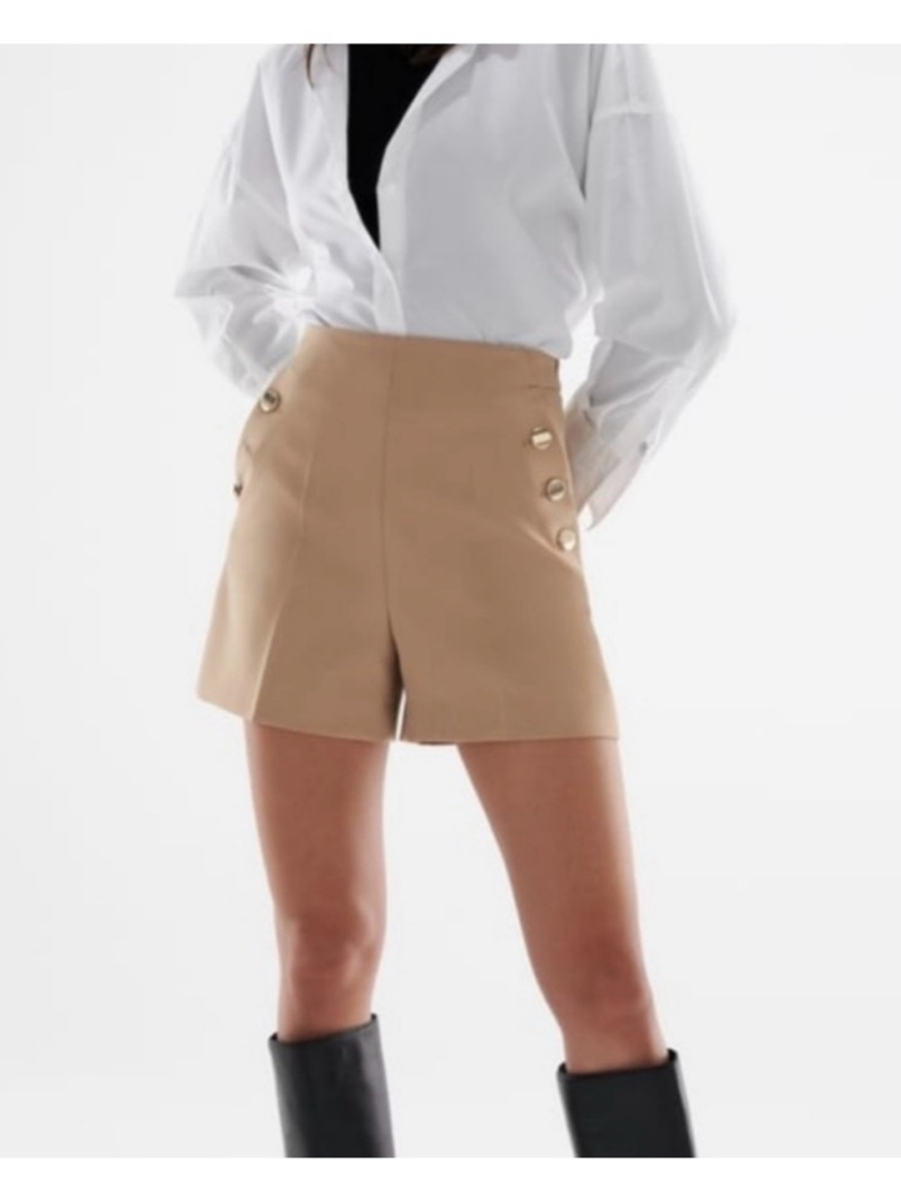 Zara Tan High-Waist Shorts with Gold Buttons
